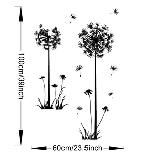 Detail showing dimensions of 100cm by 60cm for black dandelion silhouette wall decal
