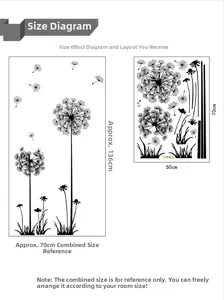 Detail of dandelion wall sticker showing original layout and finished assembly size guide
