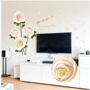 Stickers muraux roses blanches avec cœurs dorés et texte Everlasting Love pour salon