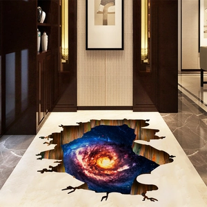 Macro view of 3D cracked galaxy floor sticker showing cosmic nebula and stars detail