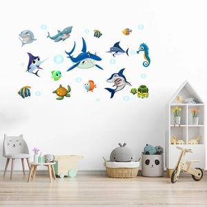 Stickers muraux 3D animaux marins avec requins et tortues pour déco chambre d'enfant