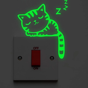 Glow In The Dark Sleepy Cat Switch Sticker Fluorescent Vinyl Wall Decal Cartoon Animal DIY Decoration For Kids Room