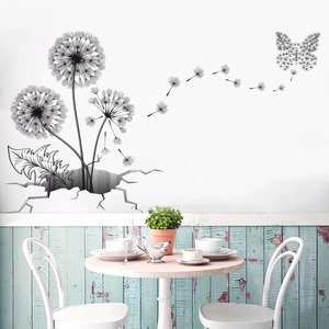 Adesivo murale 3D soffione con farfalla ed effetto crepa per decorazione salotto