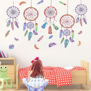 Macro detail of dreamcatcher wall stickers with watercolor feathers for bedroom decor
