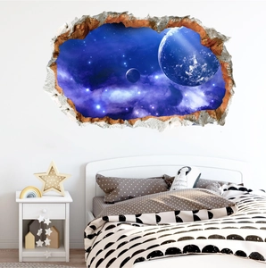 Adesivo murale 3D con effetto muro rotto e galassia stellata per decoro camera da letto