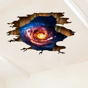 3D broken wall galaxy wall sticker featuring a vibrant spiral nebula for ceiling decoration