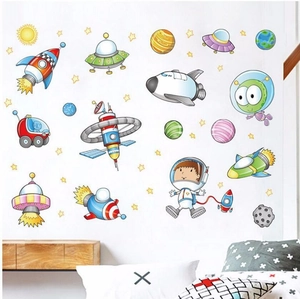 Cartoon Astronaut Rocket Space Wall Decal For Kids Room Nursery Decor PVC Removable Planet UFO Stars Home Wall Sticker