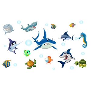 Stickers muraux 3D océan cartoon avec requins, tortues et poissons tropicaux