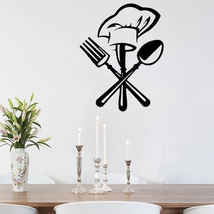 Minimalist black chef hat and cutlery wall sticker for modern kitchen and dining room decor