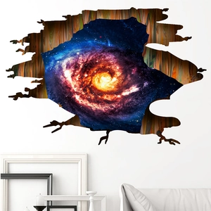 Detailed 3D cosmic galaxy wall sticker with cracked wall effect in a modern living room