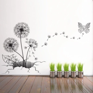 Adesivo murale effetto 3D muro rotto con design minimalista di denti di leone e farfalle