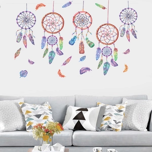 Detailed view of watercolor dreamcatcher wall stickers with colorful feathers on a white wall