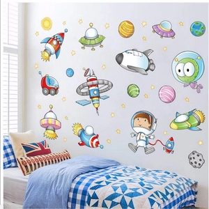Cartoon space wall stickers featuring astronauts rockets and planets for kids room decor