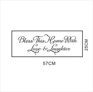Detail view of Bless This Home wall decal showing 57cm x 25cm dimensions in black art font