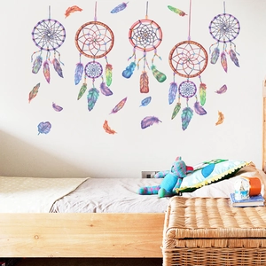 Detail of watercolor dreamcatcher wall stickers with colorful feathers in a kids' bedroom
