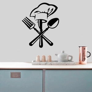 Modern kitchen wall sticker featuring black silhouette of chef hat and cutlery