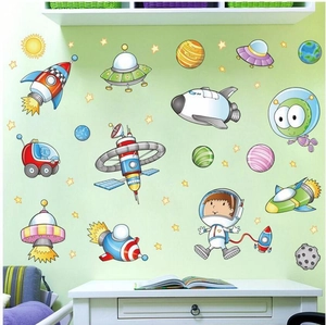 Colorful outer space wall stickers set with astronauts rockets and planets for kids room