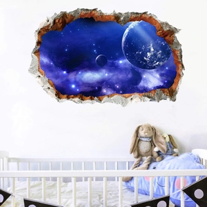 Adesivo murale 3D con effetto muro rotto e spazio profondo blu in camera da letto