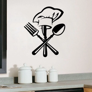 Modern black chef hat and cutlery vinyl wall sticker for kitchen and dining room decor