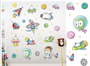 Cartoon astronaut and rocket space themed wall stickers for kids room decor