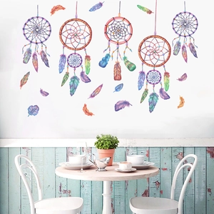 Detail of dreamcatcher wall decals with watercolor feathers for bedroom decoration