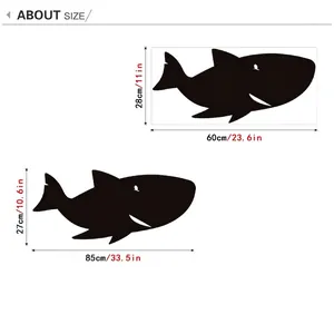 Guide des tailles pour stickers muraux requin montrant les dimensions des petits et grands modèles