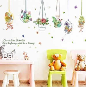 Cartoon succulent flower basket wall stickers for kids room and living room decor