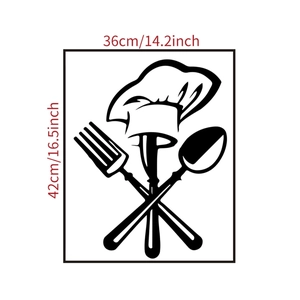 Size specifications for kitchen wall sticker featuring chef hat and cutlery icon