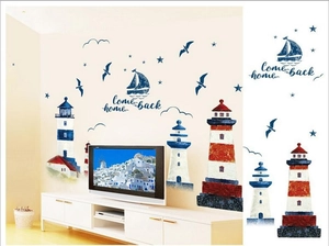 Mediterranean nautical wall stickers with lighthouses and sailboats for living room decor