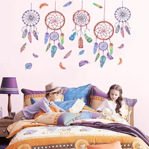 Bohemian dreamcatcher wall stickers with watercolor feathers for kids room decor