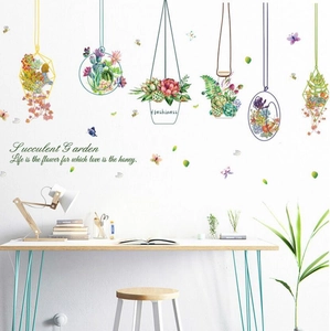 Succulent garden wall stickers with hanging geometric plant pots for bedroom home decor