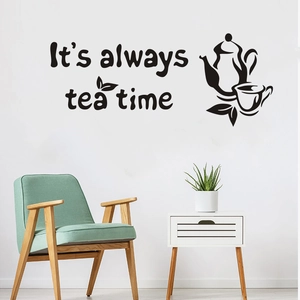 Minimalist 'It's always tea time' black wall decal with teapot and cup silhouette