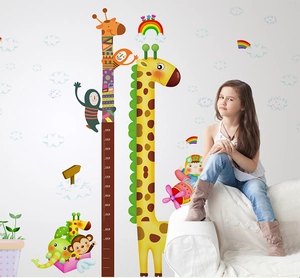 Cartoon giraffe and elephant wall height chart for nursery and kids' room decoration