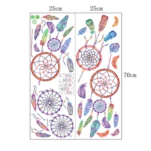 Detail view of watercolor dreamcatcher and colorful feather wall stickers for room decor