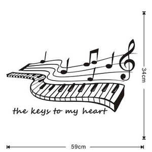 Détail de sticker mural musical avec touches de piano, notes et dimensions 59x34cm