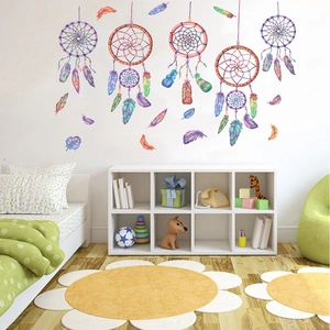 Bohemian dreamcatcher wall decals with colorful feathers for kids room wall decoration