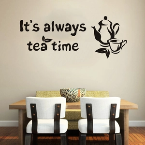 Chic 'It's always tea time' wall decal with teapot silhouette in dining room decor
