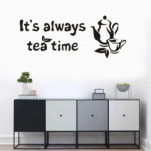 Modern black wall sticker with tea pot illustration and It's always tea time quote