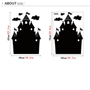 Black castle silhouette blackboard wall sticker with size specifications for living room decor