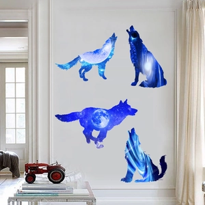 3D wolf silhouette wall decals featuring blue galaxy and starry night sky patterns