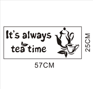 Black vinyl wall decal showing 'It's always tea time' text with teapot, 57x25cm