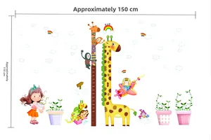 Detailed scale of cartoon height wall sticker with giraffe and animals for kids room