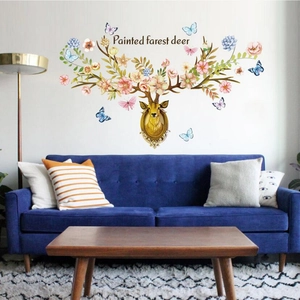 Nordischer Stil Handgemalt Hirschkopf Blumen Geweih Wandtattoo Wasserdicht PVC Blume Schmetterling Aufkleber Für Wohnzimmer Dekor