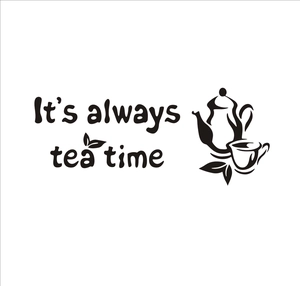 Minimalist 'It's always tea time' wall decal with teapot and cup illustration