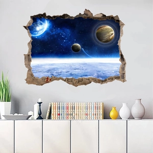 Detailed 3D outer space wall sticker showing stars and planets through a cracked wall