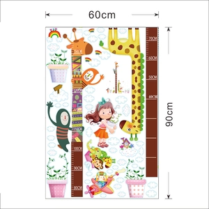 Cartoon giraffe and elephant height chart wall decal for kids room, size 60x90cm