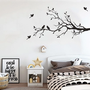Minimalist black bird tree branch wall decals for living room and bedroom home decor