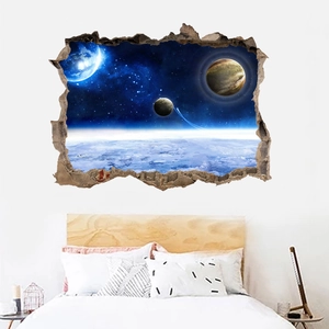Detailed view of 3D galaxy wall sticker showing cracked wall effect and outer space planets