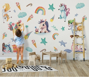 Nordic watercolor unicorn wall sticker for children bedroom decoration in soft pastel colors