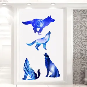 3D wolf wall decals with blue starry galaxy and moon pattern for living room decor